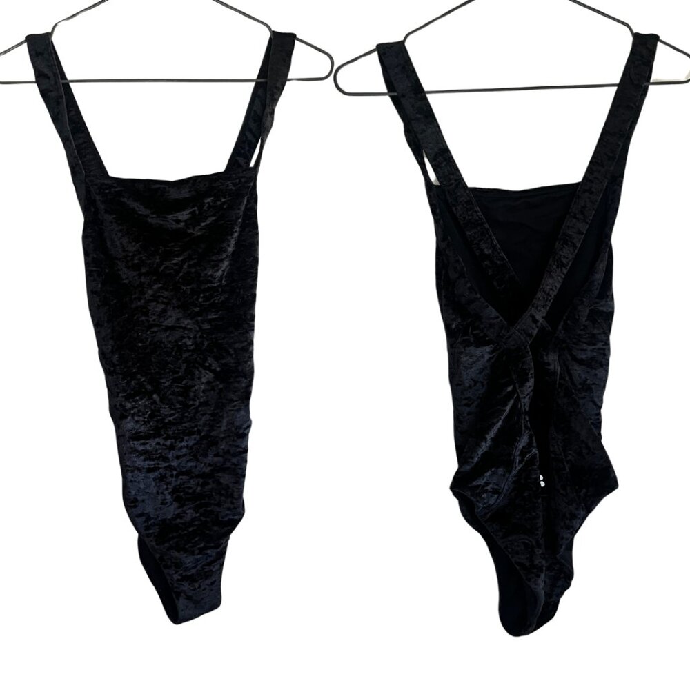 Sweaty Betty Black Velvet Square Neck One Piece Cross Strap Swimsuit